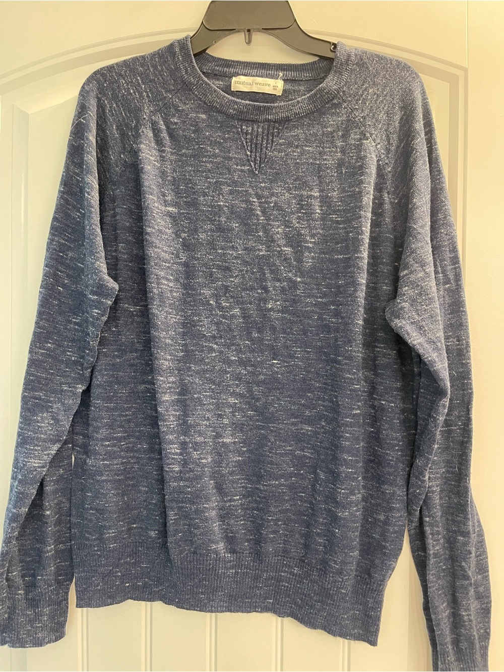 Mutual Weave Size L Heather Navy Blue & White Crewneck Pullover Sweater
